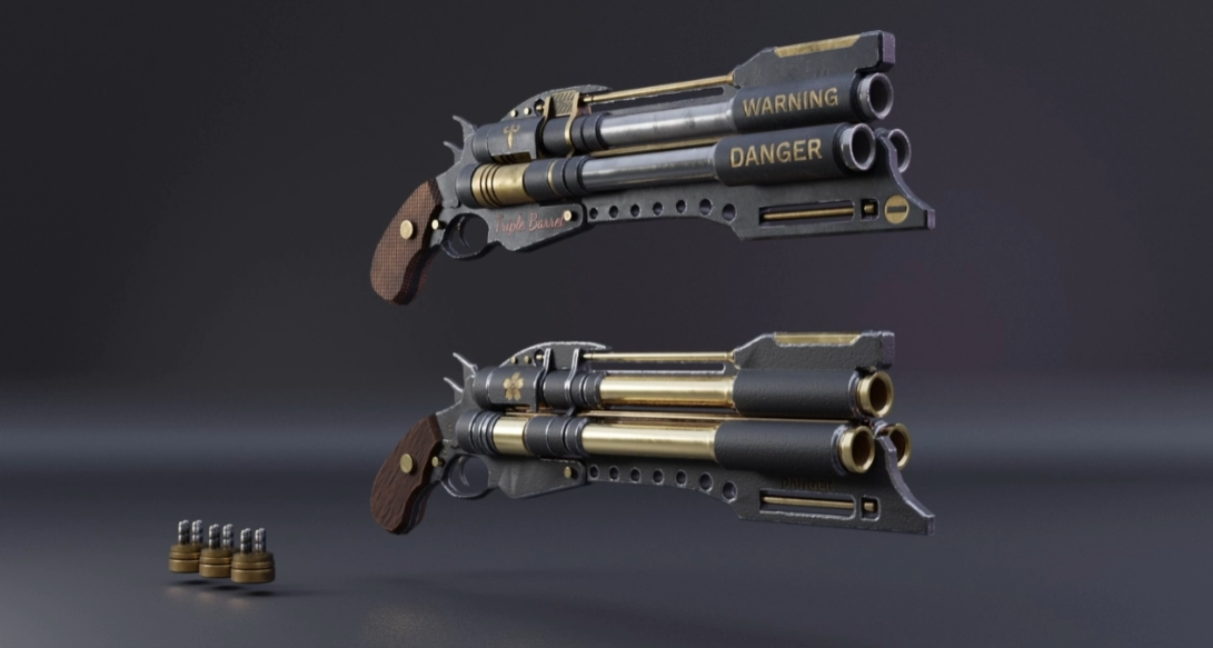 Blender三管手枪建模教程 Udemy – Game Ready Triple Barrel hand cannon