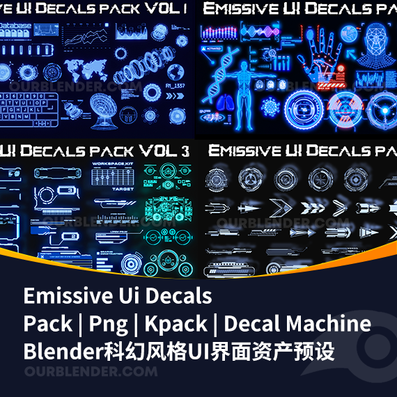 Blender科幻风格UI界面资产预设 Emissive Ui Decals Pack | Png | Kpack | Decal Machine